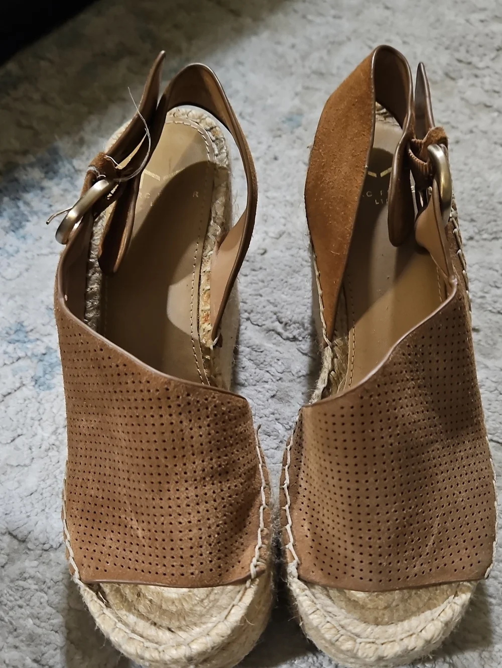 Marc Fisher Perforated Tan Suede Espadrille Wedge Slingbacks